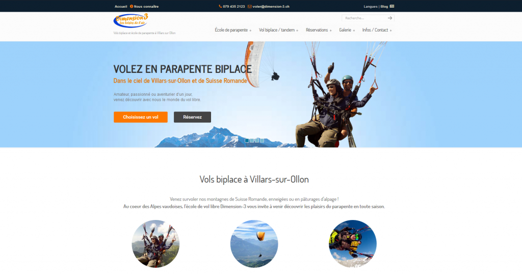 Page d'accueil du site web dimension-3.ch